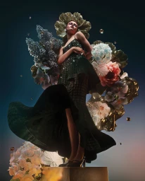 Model in a dark green sparkly dress standing on a pedestal surrounded by large metallic floral sculptures and floating spheres.