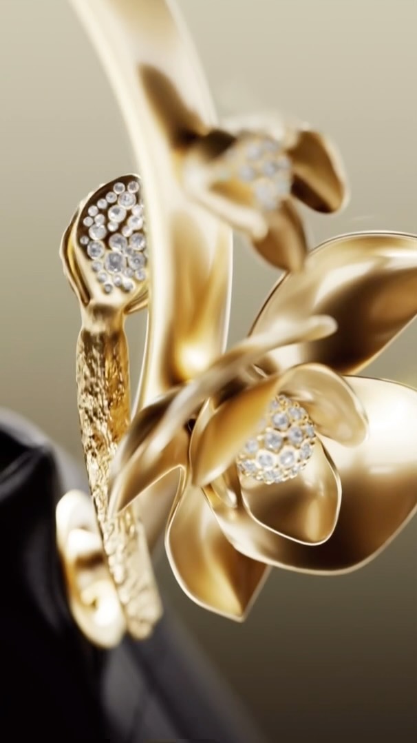 Close-up CGI rendering of golden orchid flowers featuring jewel-like accents against soft gradient and dark glossy background.