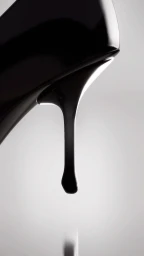 Close-up of a glossy black high heel shoe with thick dark liquid dripping from the heel against a white gradient background