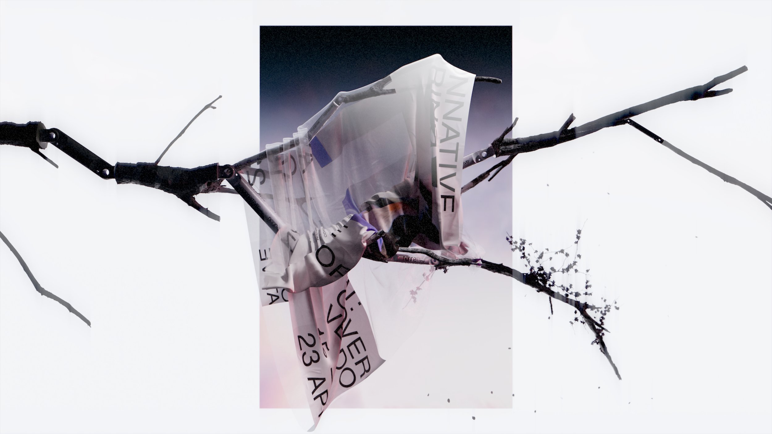 Abstract visual featuring branches supporting a draped cloth with stylized text, set against a muted purple and blue background.