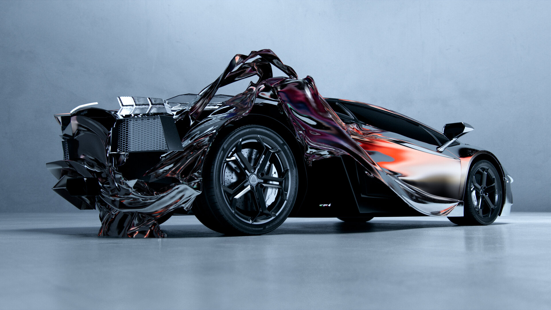 Sleek futuristic sports car with a liquid metal drape, presented in a minimalist grey studio setting, showcasing automotive innovation.