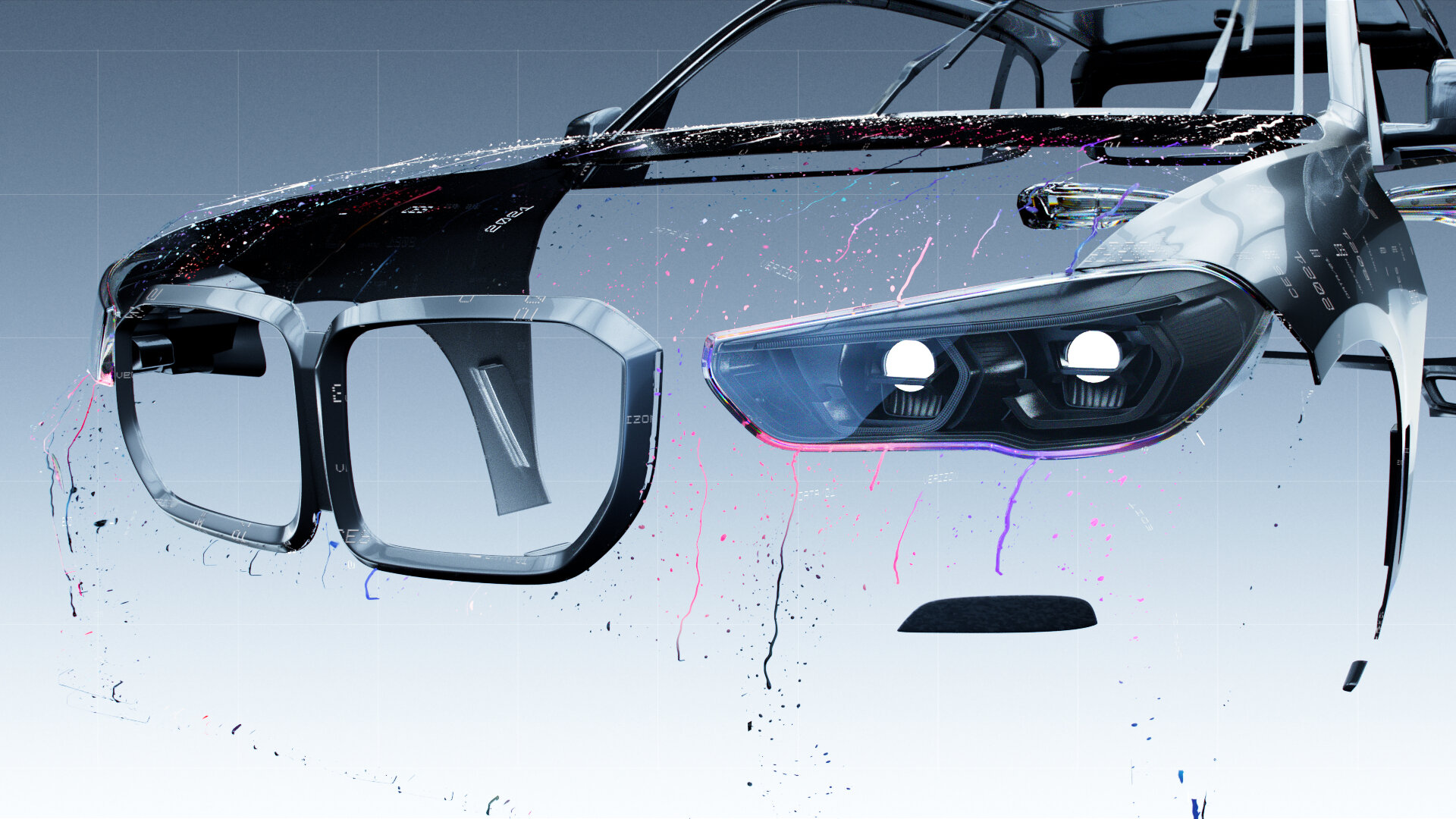 Automotive CGI rendering featuring a black car body with illuminated headlight on a grey background with colorful paint splashes.