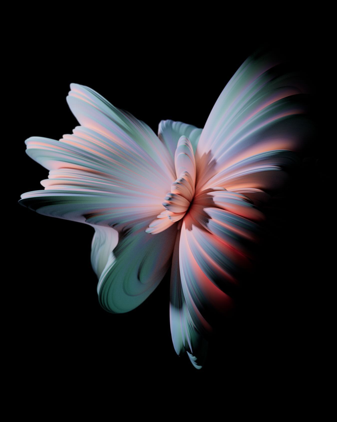 Abstract digital art featuring a flower-like form with striped petals in shades of teal, peach, and white against a stark black backdrop.