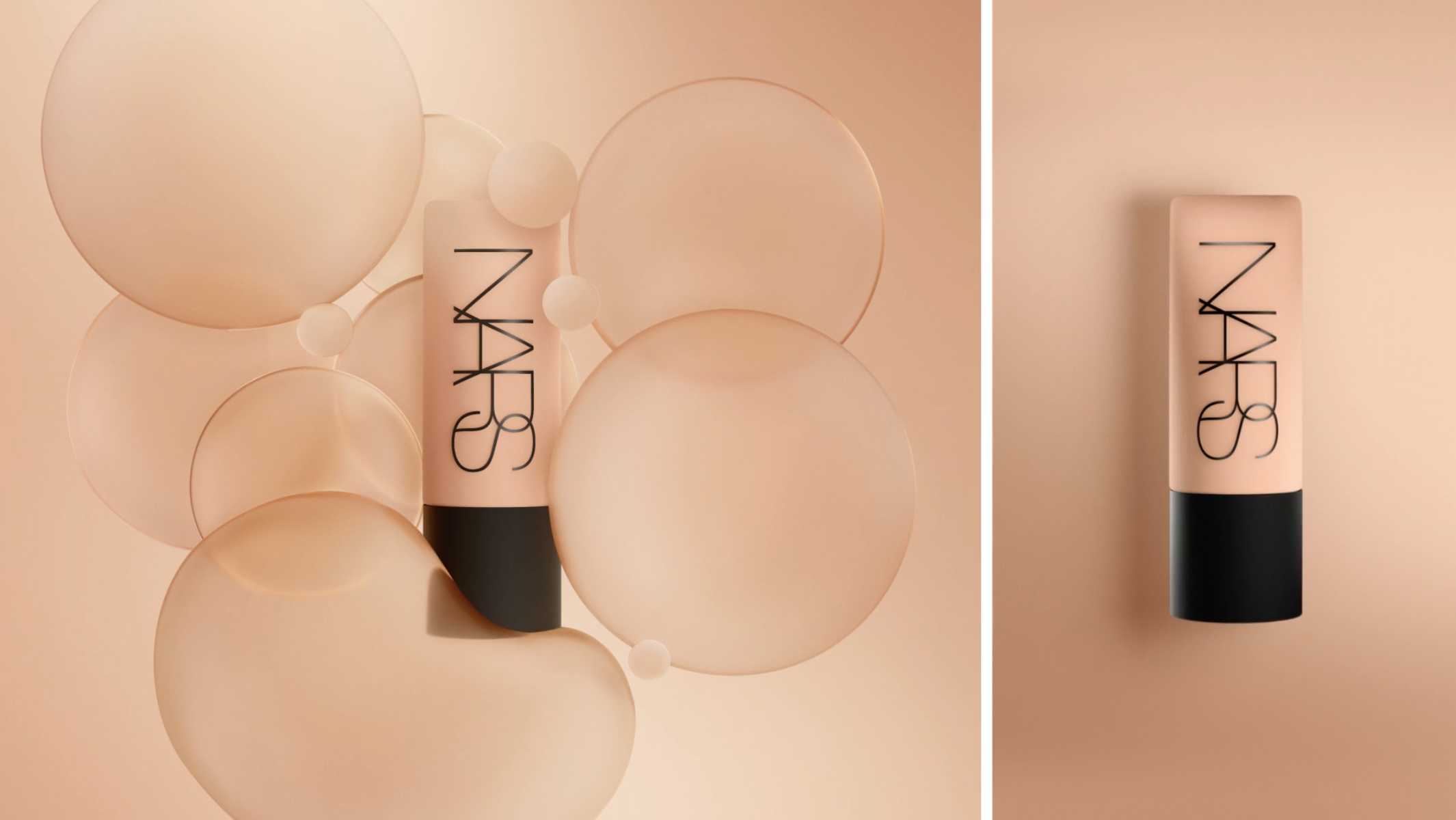 NARS cosmetics product shot with floating spheres on a beige background in studio lighting for beauty and fashion industries.