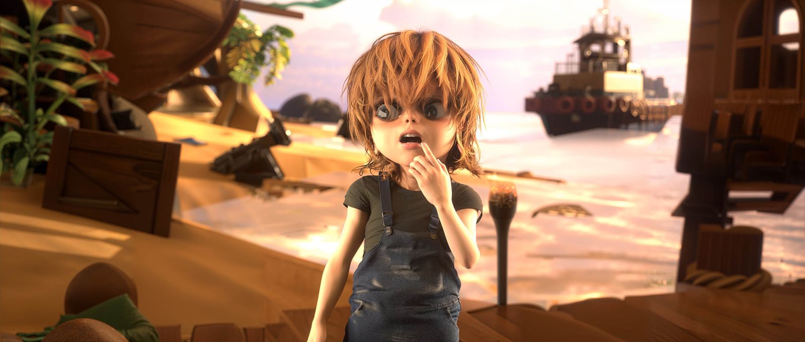 3D-rendered young child with brown hair and blue overalls stands on a wooden dock with a boat and tugboat in the background.