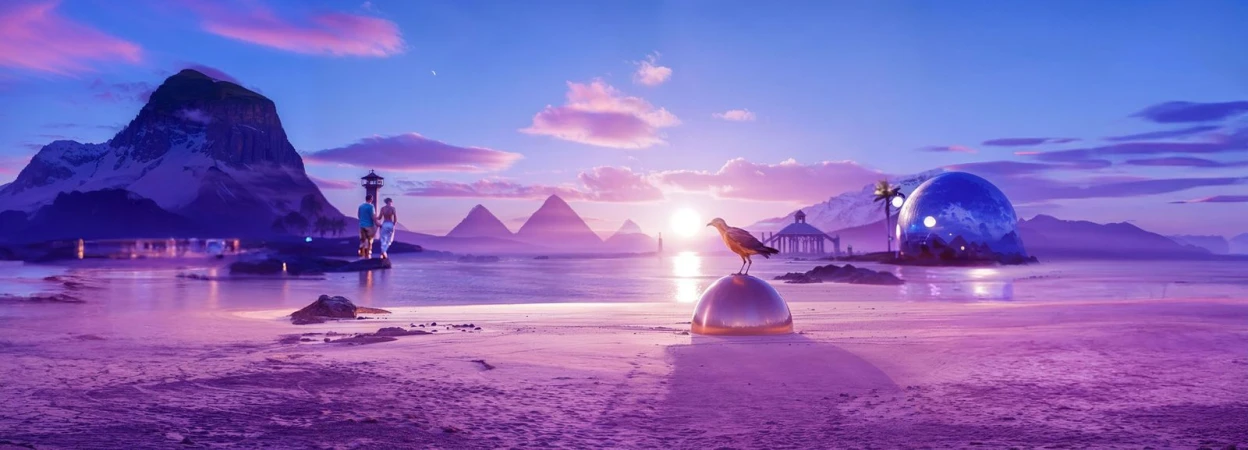 Panoramic view of a coastal landscape with mountains, pyramids, a bird perched on a reflective sphere, and people in the distance.