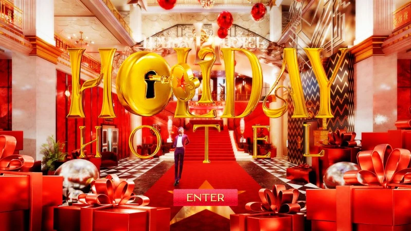 Luxury holiday hotel lobby interior with a staircase, red decorations, gift boxes, and an adult male in formal wear standing on a carpet.