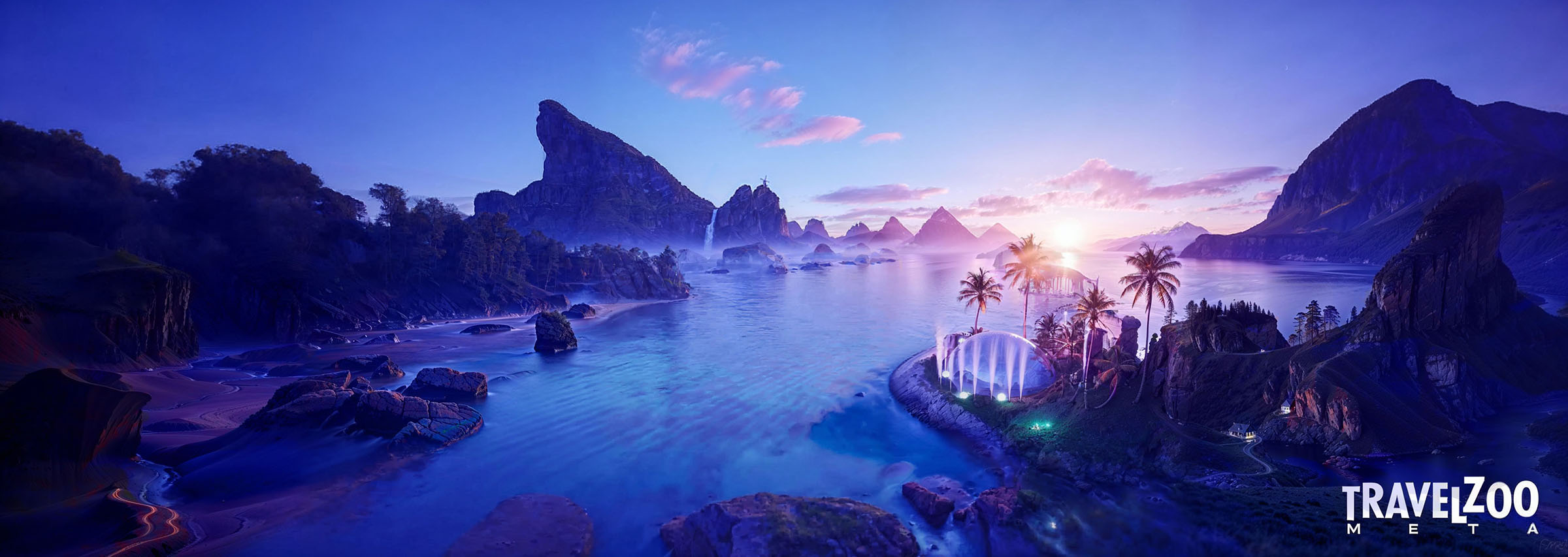 Scenic landscape with mountains, water, and a futuristic resort building. Hues of blue and purple create a dreamlike atmosphere.