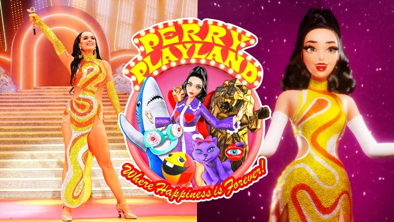 Katy Perry performs onstage in a vibrant, sparkly dress. Animated Katy Perry doll displayed next to a cartoon shark and lion.
