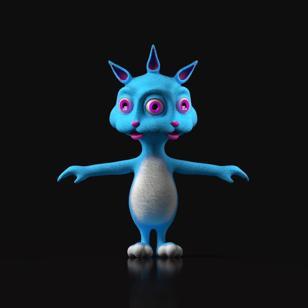 Illustration of a light-blue, three-eyed cartoon creature with bunny ears standing on two feet with a black studio background.