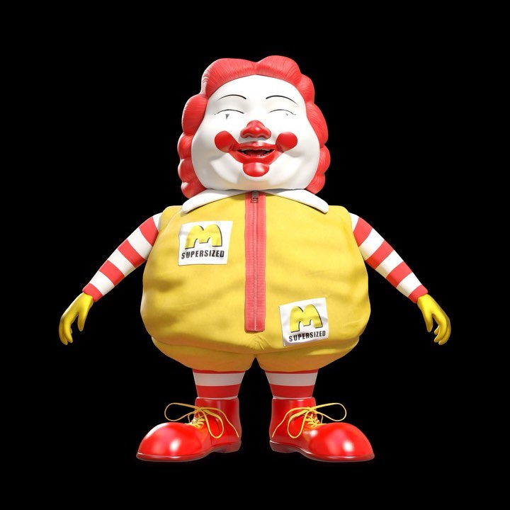 A digital art rendering of a vintage Ronald McDonald character with distinctive red hair, white face paint, and classic clown attire.