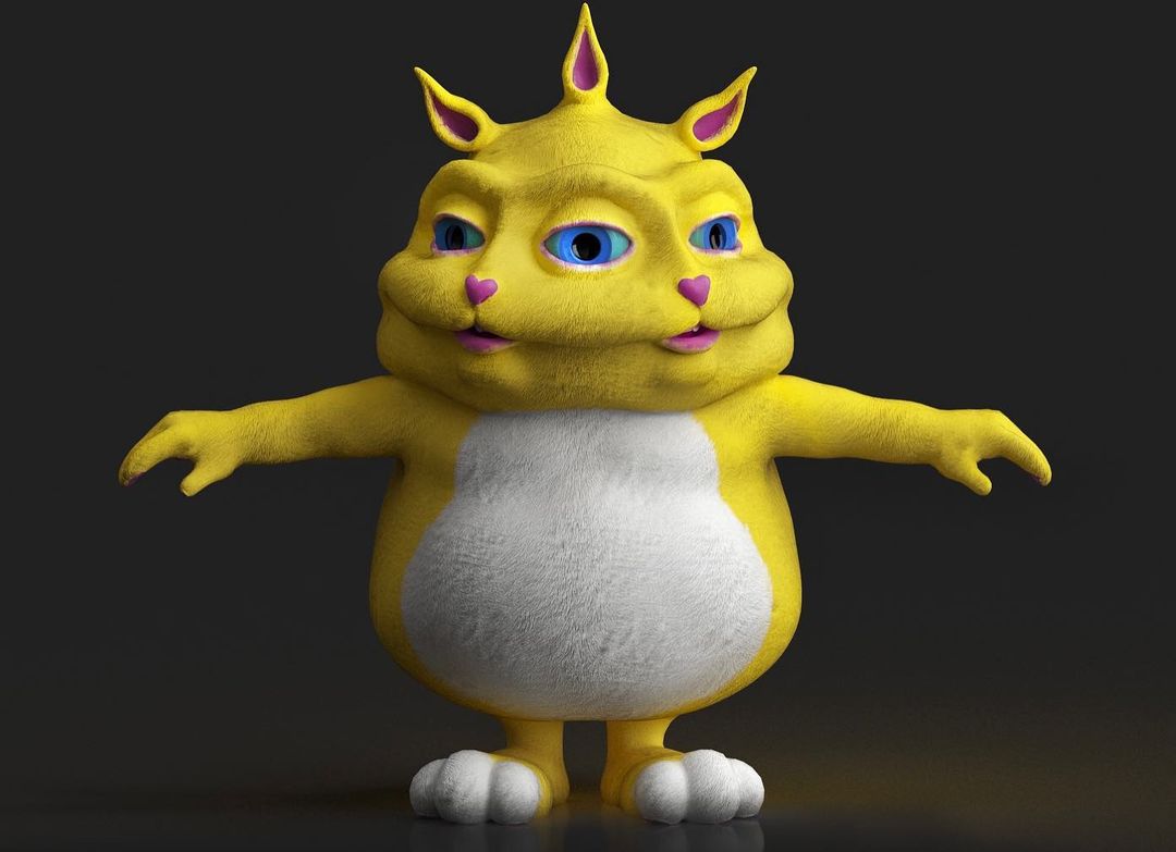 CGI rendering of a yellow anthropomorphic creature with four eyes, standing with arms outstretched against a dark gray background.