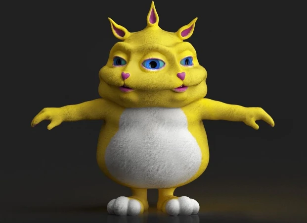 CGI rendering of a yellow anthropomorphic creature with four eyes, standing with arms outstretched against a dark gray background.