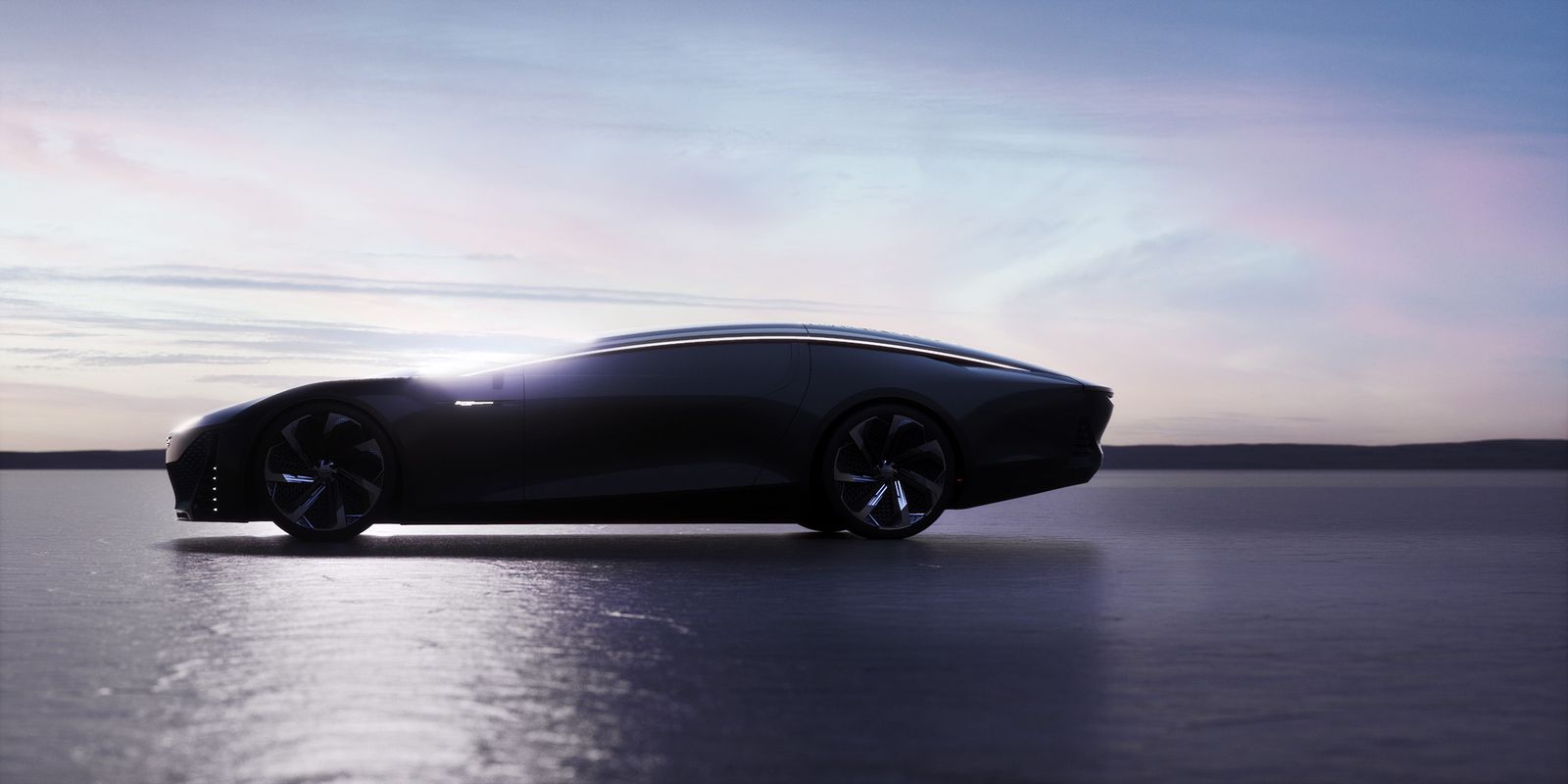 Sleek black automotive design: futuristic car on reflective surface against soft blue and pink sky at dusk, minimalist aesthetic.
