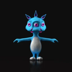 Blue furry creature with three eyes and pointed ears standing against a dark background