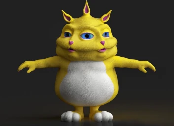 3D render of a quirky yellow furry creature with three eyes, two faces, and small horns on a dark studio background