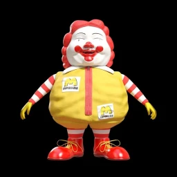CGI character sculpture of a stylized, overweight clown figure with red hair and yellow clothing against black background.