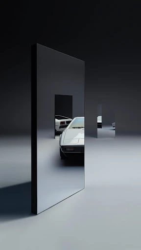 Two vintage cars are visible through rectangular mirrored panels in a minimalist automobile studio with dark grey and light grey surfaces.