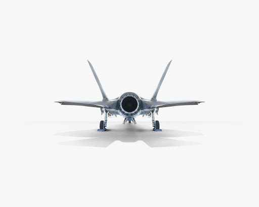 Front view of a modern military jet aircraft with detailed fuselage, wings, and landing gear isolated against a bright, neutral background.