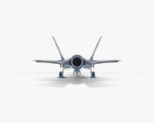 Front view of a modern military jet aircraft with detailed fuselage, wings, and landing gear isolated against a bright, neutral background.