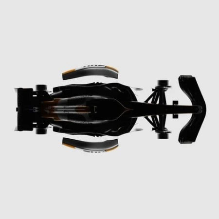 High angle view of a black, white, and orange race car with visible tires against a light gray studio background. Automotive concept.