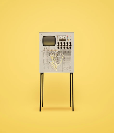 Vintage computer with monitor and button panel on a yellow background. The computer has a boxy design with wires and a small screen.