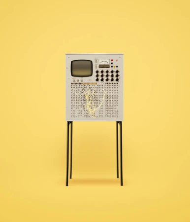 Vintage computer with monitor and button panel on a yellow background. The computer has a boxy design with wires and a small screen.