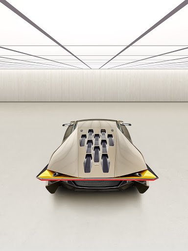 Rear view of a futuristic tan and black concept car in a bright white studio with overhead linear lighting. Automotive design.