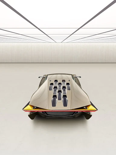 Rear view of a futuristic tan and black concept car in a bright white studio with overhead linear lighting. Automotive design.