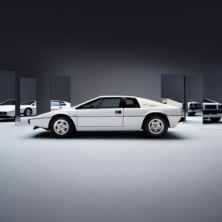 White Lotus Esprit car in a photo studio setting, reflected in mirrors, showcasing its sharp lines and vintage design.