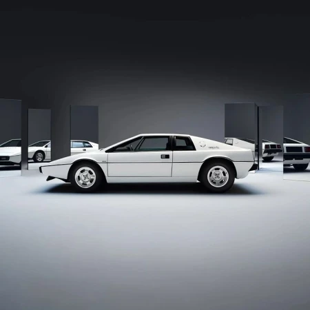White Lotus Esprit car in a photo studio setting, reflected in mirrors, showcasing its sharp lines and vintage design.