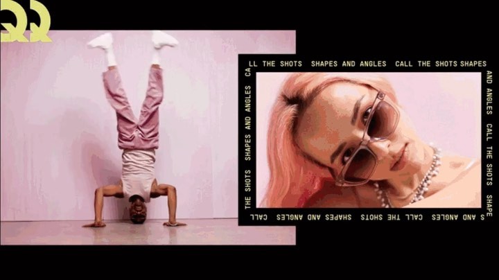 Fashion editorial image: a man doing a handstand and a woman with pink hair wearing sunglasses are featured against a pink background.