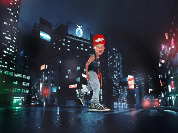 Caricature man with a red beanie and grey sweatpants walking on a wet city street at night produced by Ink