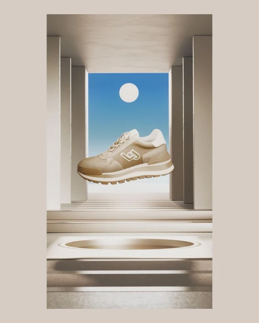 Beige Liu Jo sneaker hovers against a sky backdrop with white architectural elements. A modern, minimalist product shot.