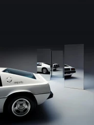 White vintage sports car reflected in multiple upright rectangular mirrors against a dark background