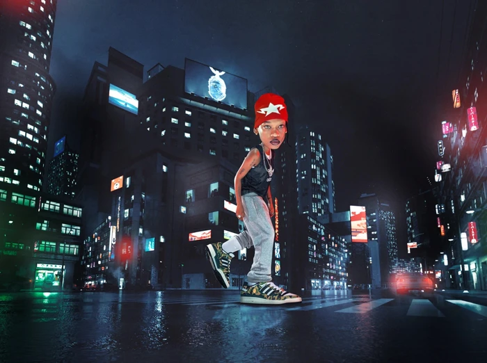 Caricature man with a red beanie and grey sweatpants walking on a wet city street at night produced by Ink