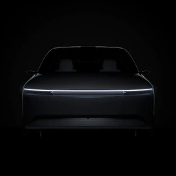 Front view of a dark luxury electric car in deep shadow with a horizontal illuminated light bar across the front grille.