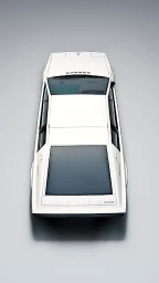 Top-down view of a white sports car on a seamless grey studio floor, highlighting its geometric wedge design and glass roof.