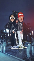 Two figures with stylized large heads pose against a nighttime city street backdrop, wearing streetwear apparel and sneakers.