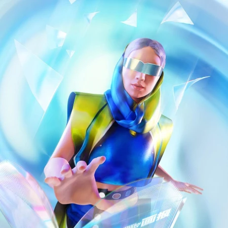 AI-generated image of a woman with futuristic visor, blue top, and green shawl in front of a geometric blue background with digital display.