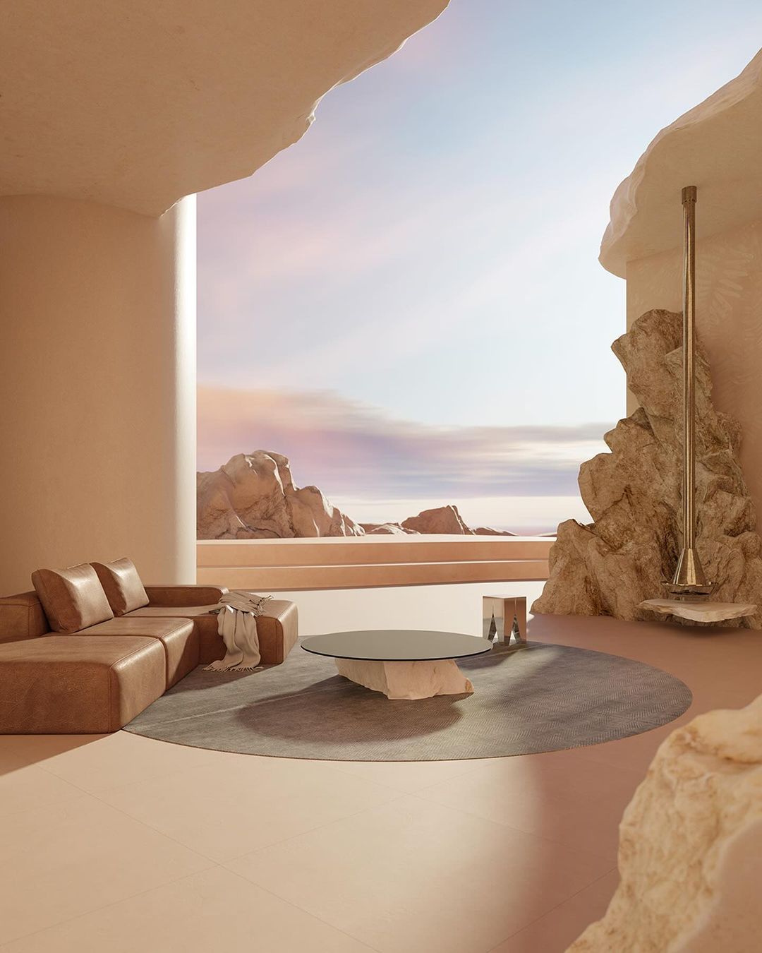 Modern living room interior with a tan modular couch, round coffee table, and rock-like details in a minimalist architectural space.