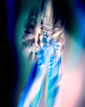 Abstract shimmering lights and shadows in an ethereal color palette of blues, whites, and pinks creating a dreamy, surreal visual.