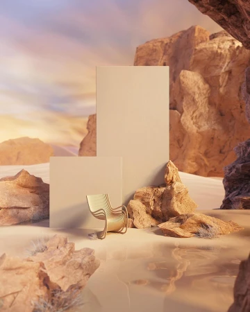 Modern art installation in a desert landscape featuring a minimalist chair, geometric forms, and sandstone rocks under a pastel sky.