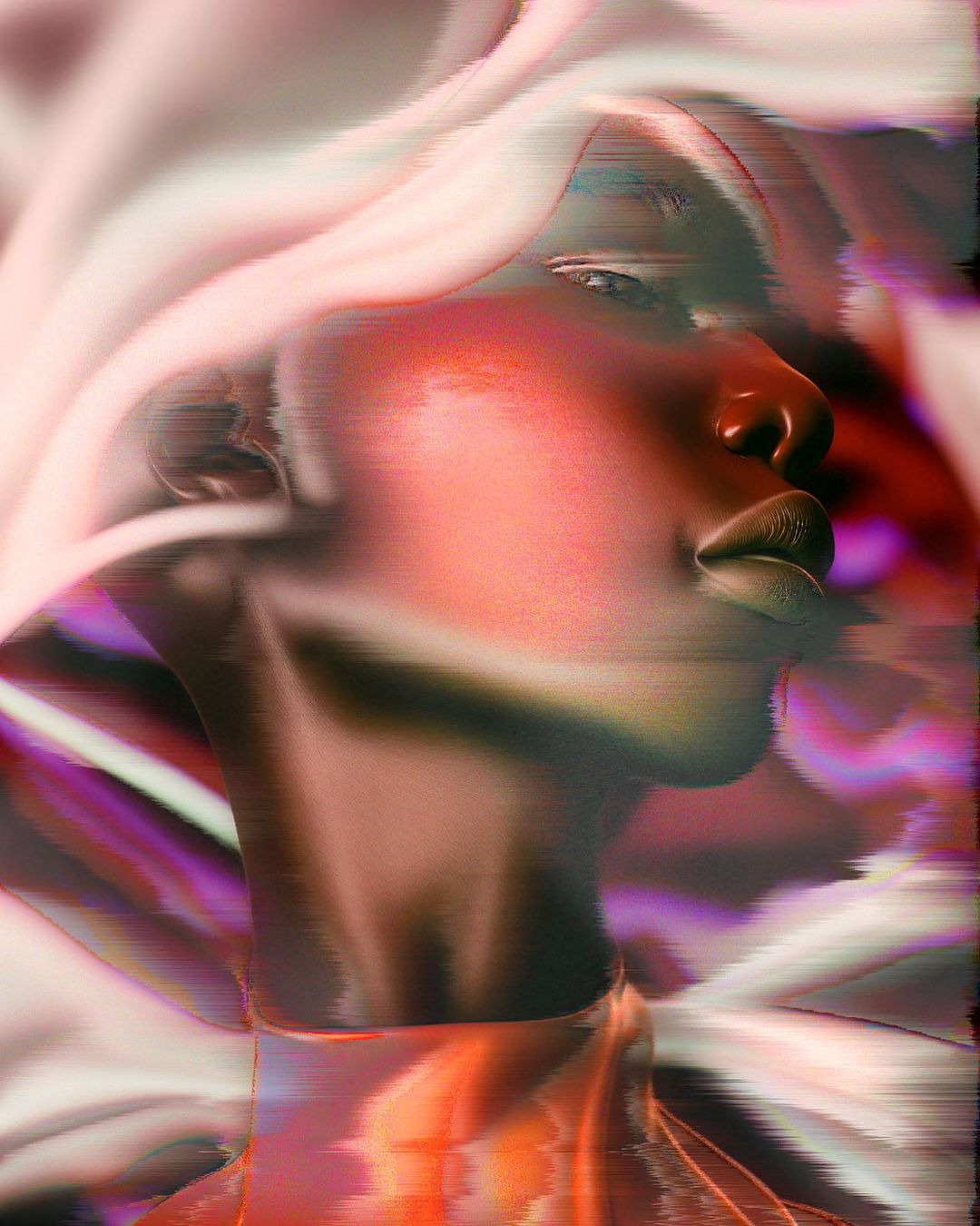 Portrait of a person with dark skin and blurred, colorful background, showcasing contemporary beauty in a digitally enhanced composition.