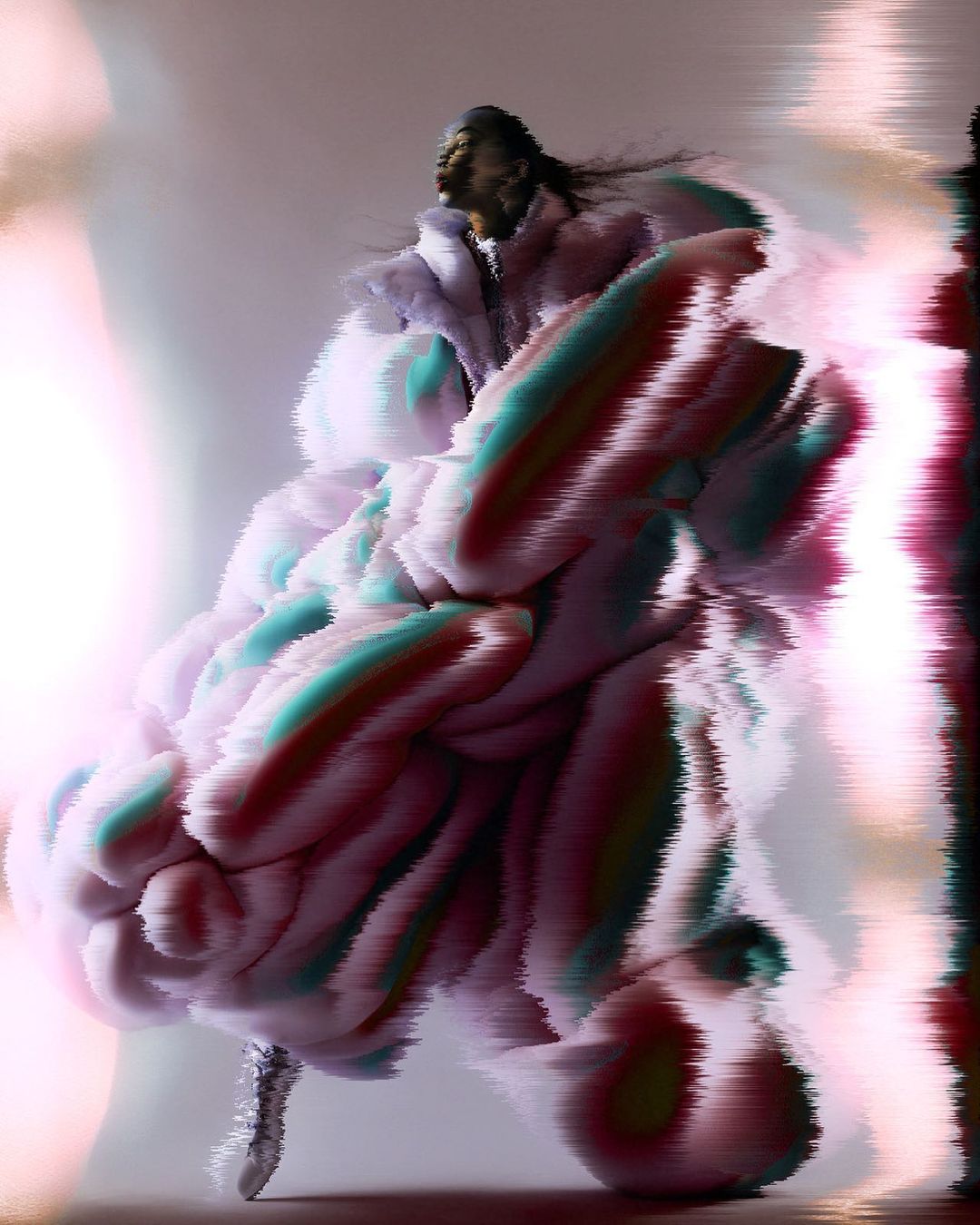 Abstract fashion portrait of a woman in a textured pastel coat. The image features glitch art style and dynamic lighting.