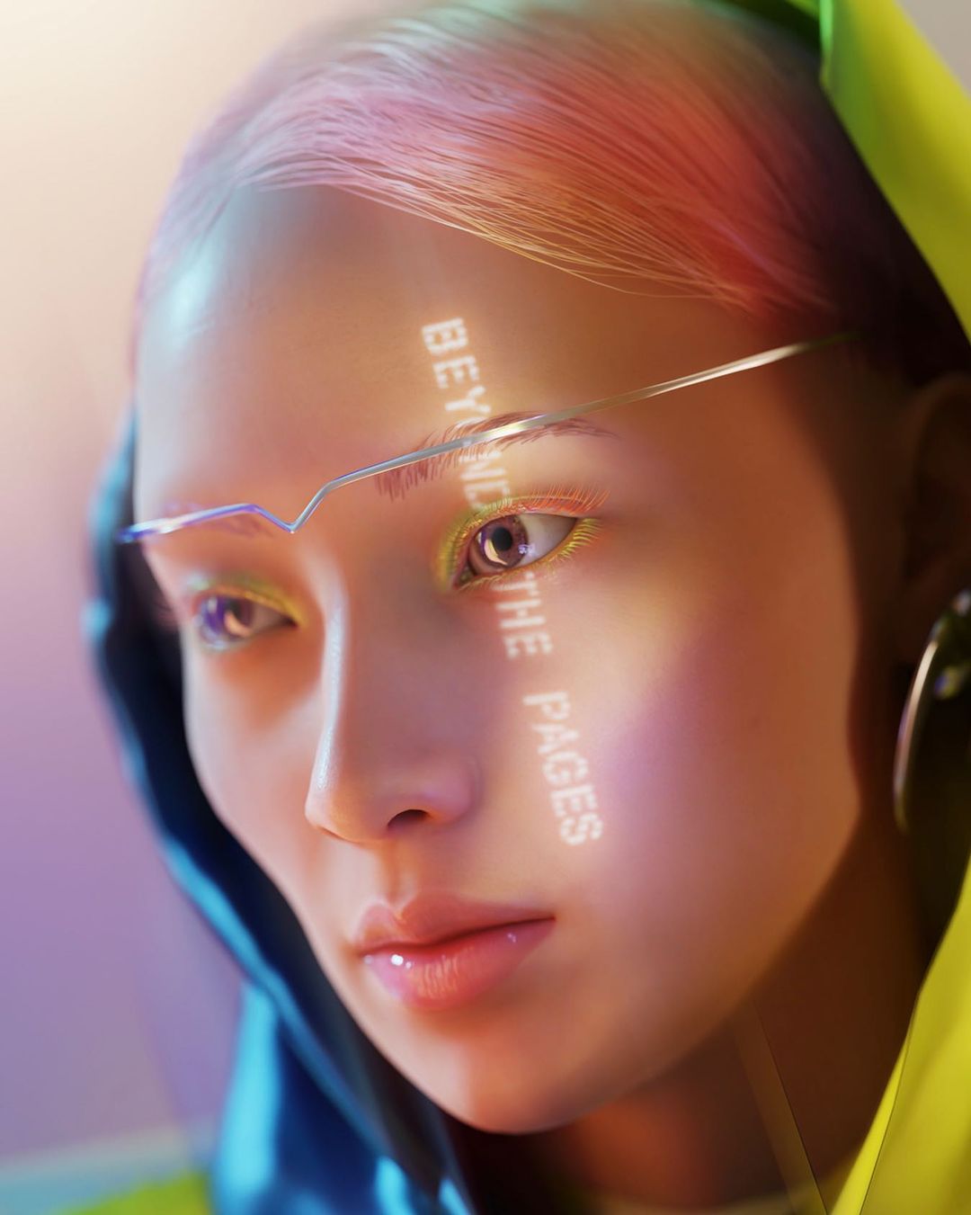 Portrait of a person with colorful hair and modern eyewear, featuring text overlay and a hooded garment, set in a soft, diffused lighting.