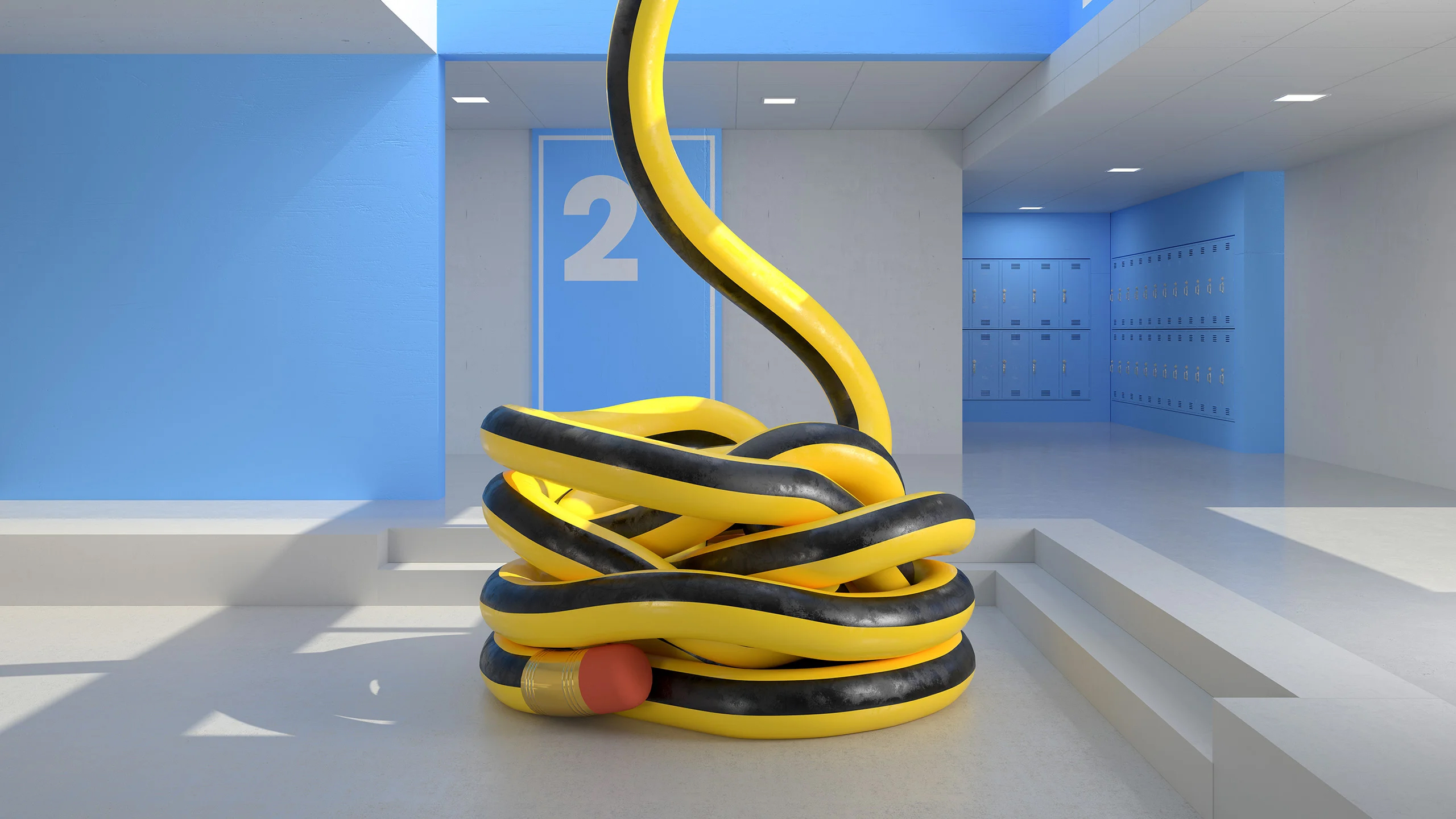 Eye-level studio shot of a yellow and black striped pencil sculpture in front of lockers and a sign with the number two.