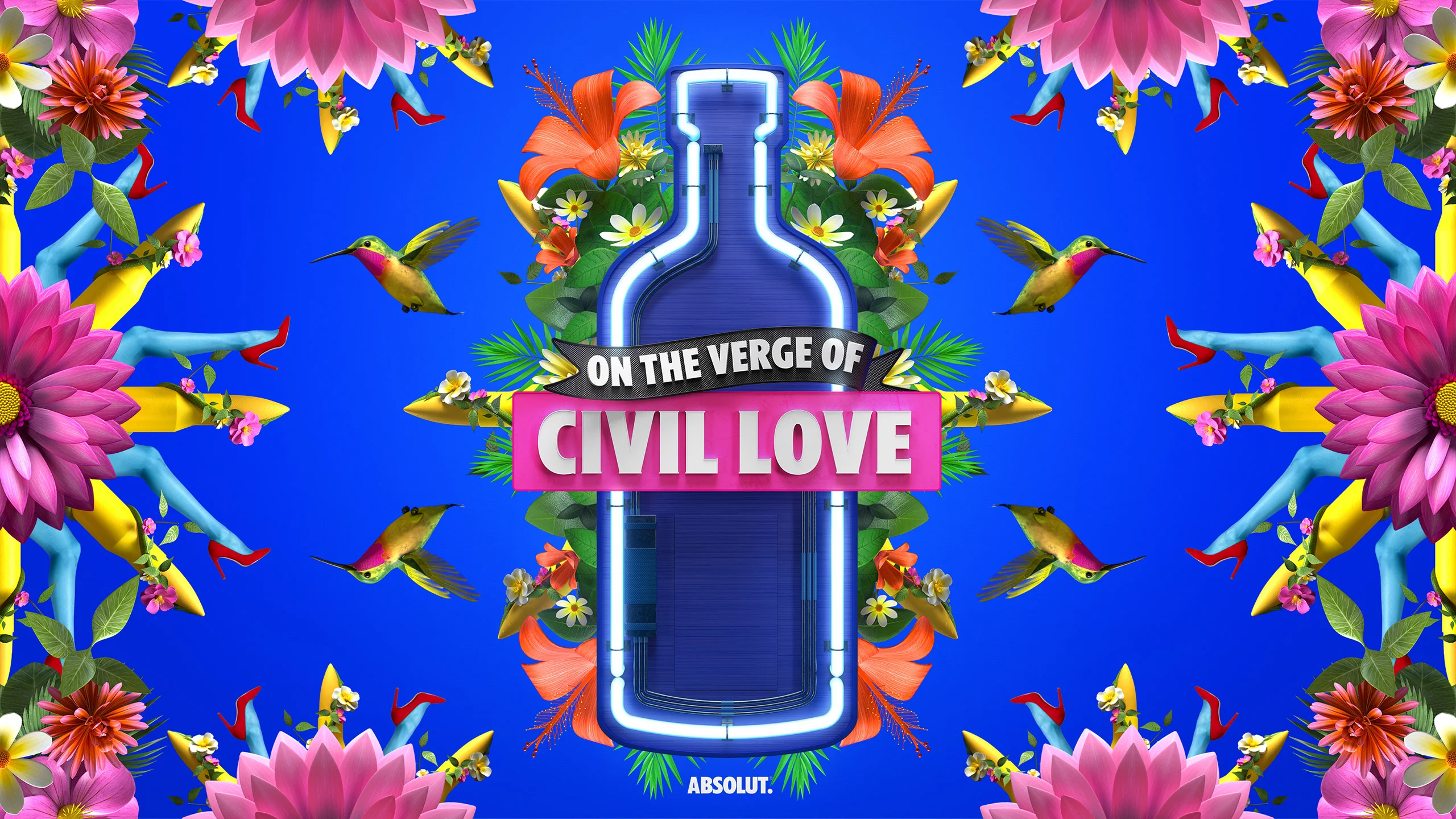 Abstract art featuring a digital rendering of an Absolut vodka bottle, framed by florals, hummingbird and stylized legs against blue background.