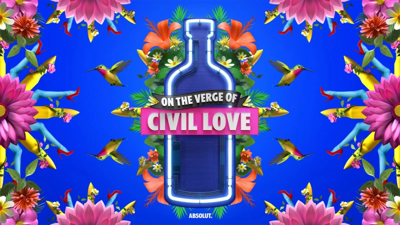 Abstract art featuring a digital rendering of an Absolut vodka bottle, framed by florals, hummingbird and stylized legs against blue background.