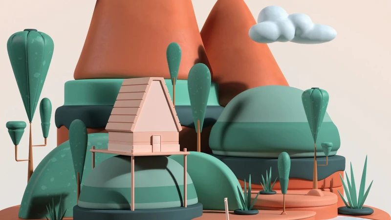 Stylized 3D render of a small house in a whimsical landscape with orange mountains, green trees, and a puffy white cloud.